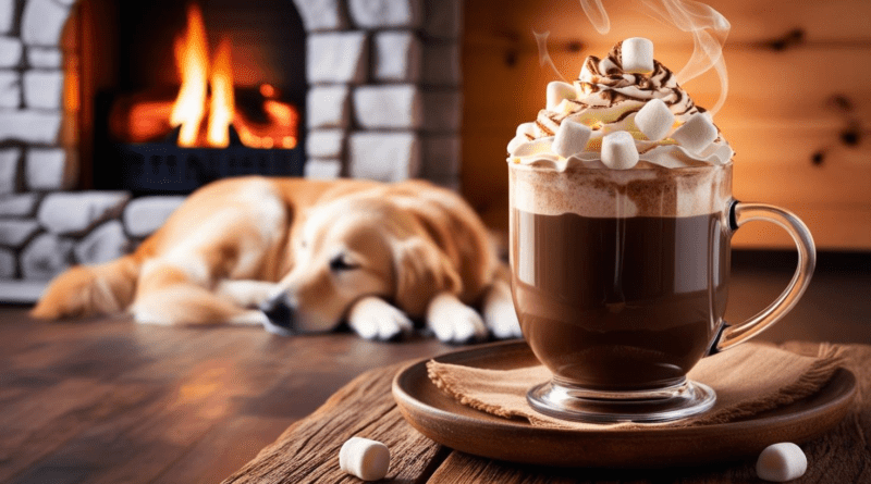 Hot Chocolate and Cozy Atmosphere: An image of a steaming mug of hot chocolate with whipped cream or marshmallows, surrounded by a cozy setting—maybe a crackling fire in the background, or a dog curled up by the hearth.