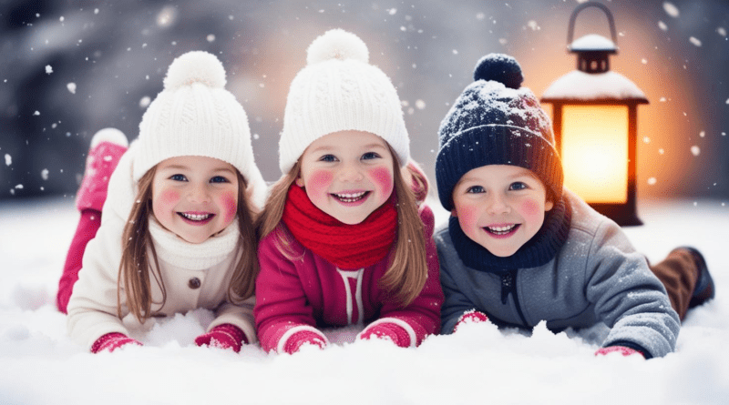 Playing: A winter scene with children playing in the snow, their cheeks rosy from the cold, and a lantern in the background casting a warm glow.